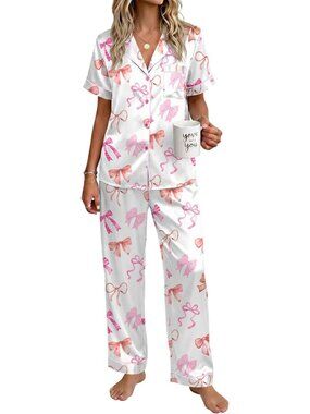 Women's White Bow Silky Short Sleeve Button Down Loungewear Pajama Set
